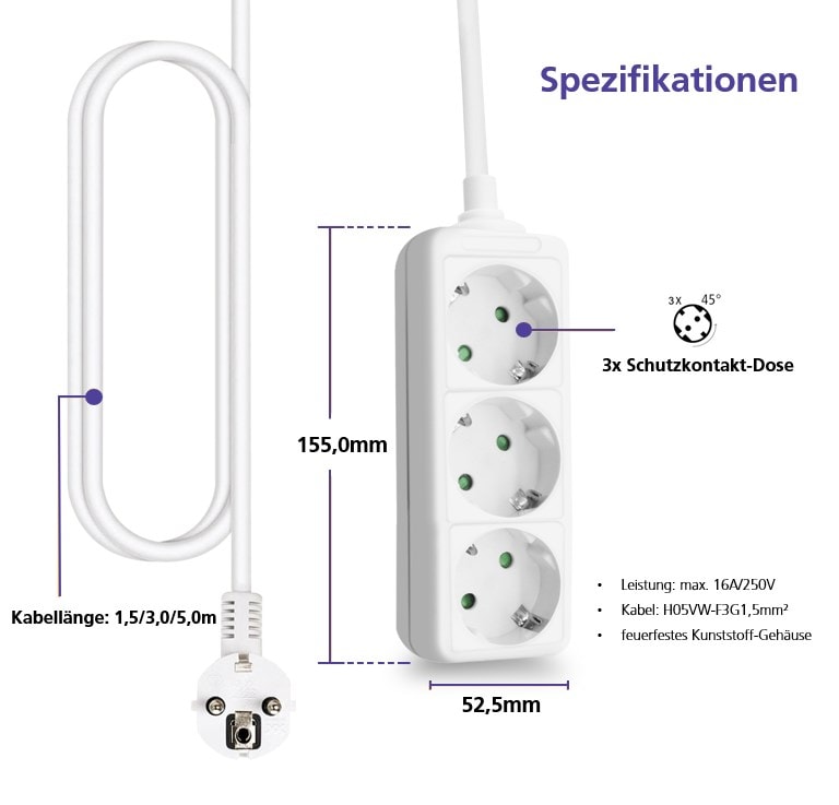 helos stikkontaktlist CLASSIC, 3-veis, hvit, 1,5 m, uten bryter