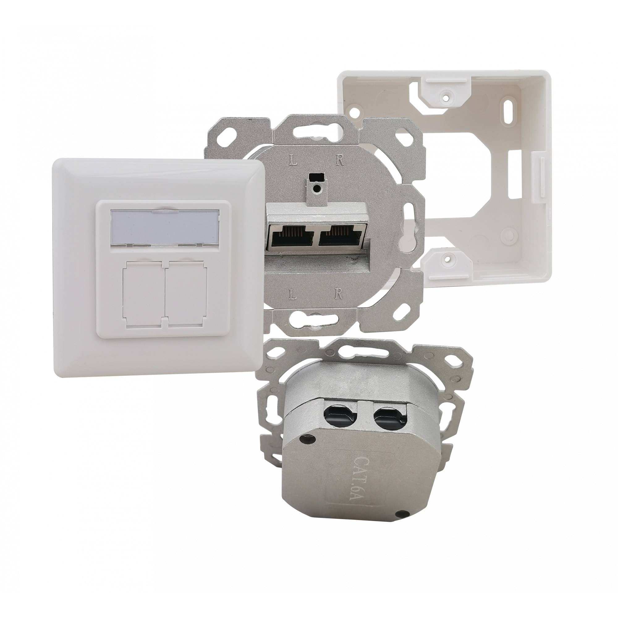 helos Cat.6a LSA-nettverkskontakt med designkompatibel UPAP 2-veis vertikal, ren hvit
