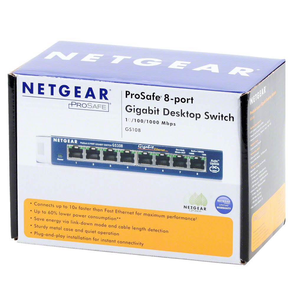 Netgear GS108GE 8-porters Gigabit-switch for skrivebordet, uten vifte