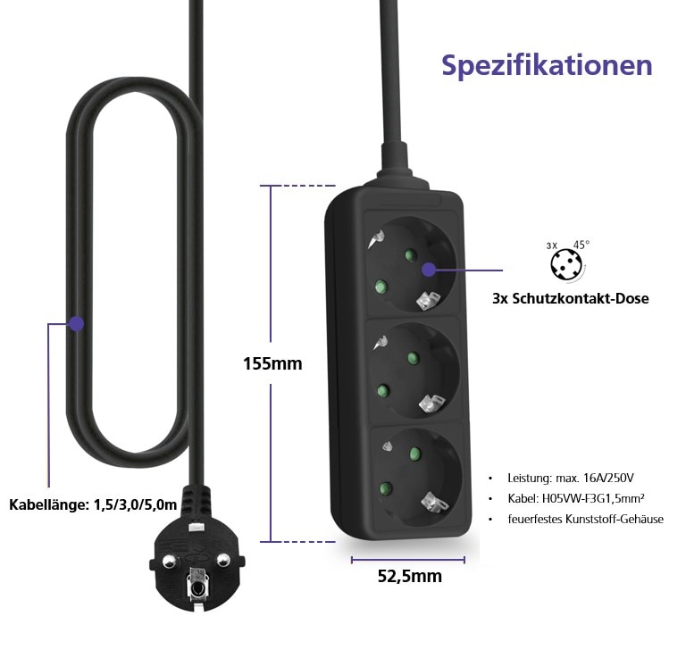 helos stikkontaktlist CLASSIC, 3-veis, svart, 3,0 m, uten bryter