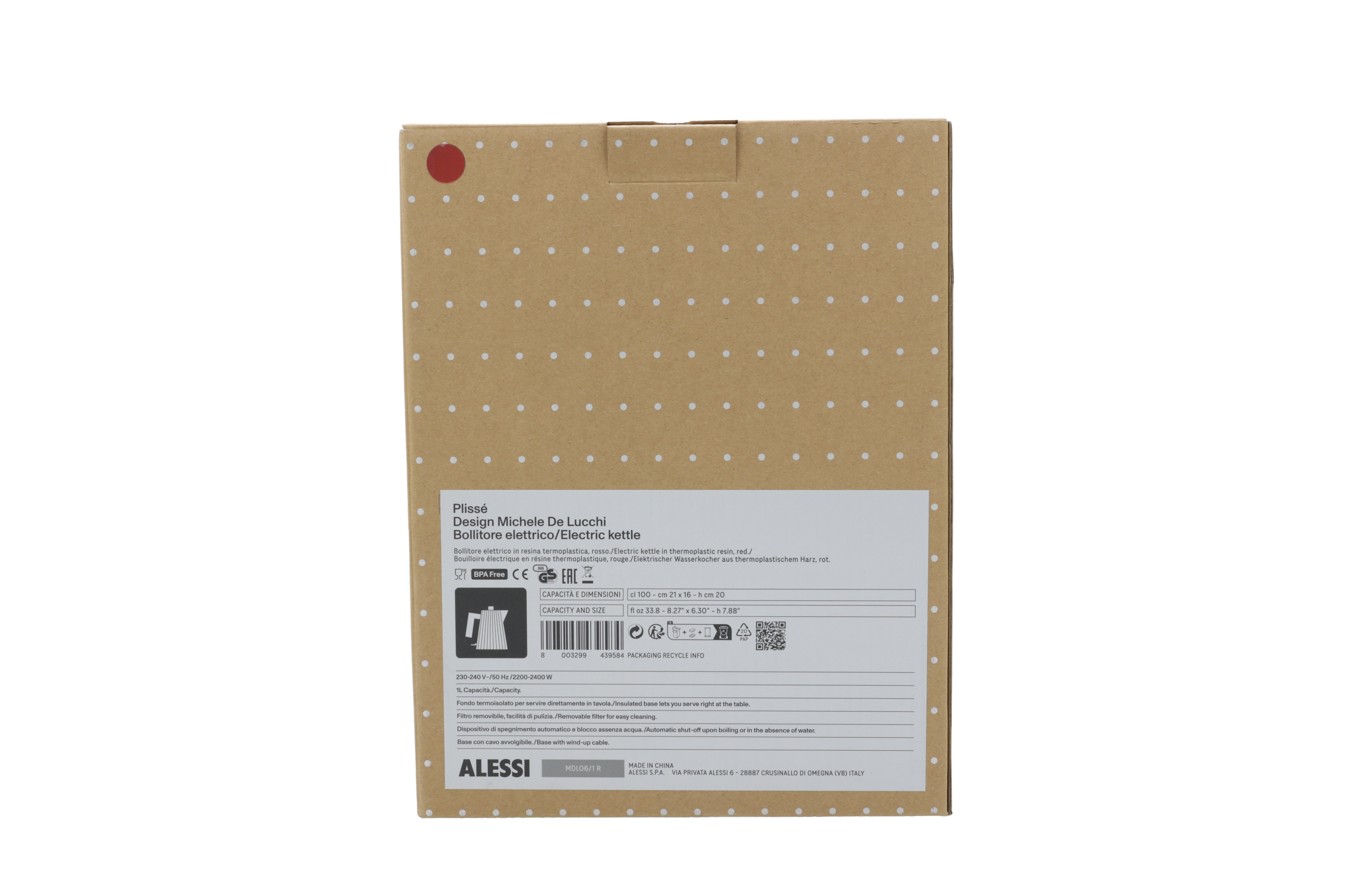 Alessi MDL06/1 R Plissè vannkoker 1l, rød