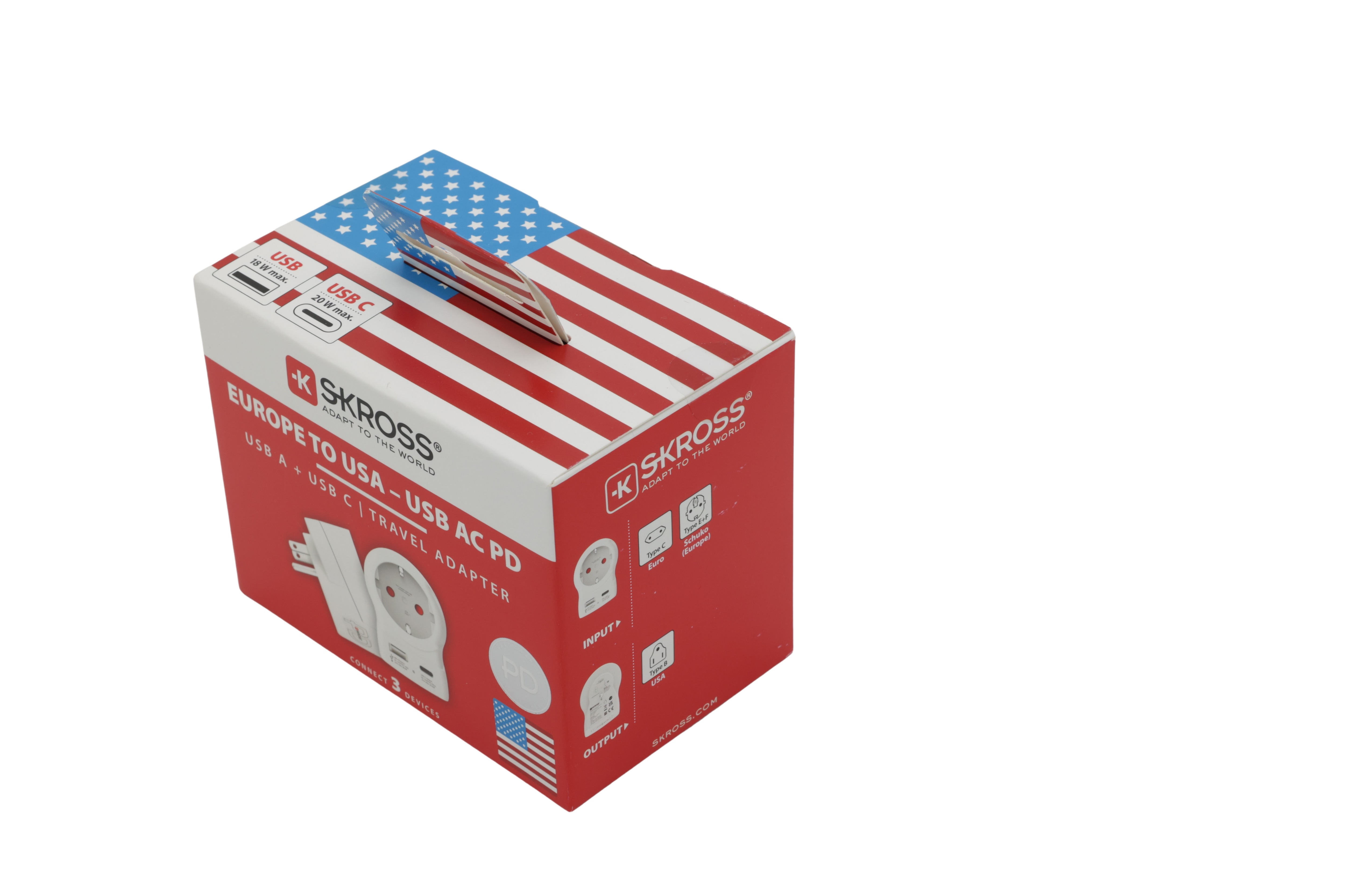 SKROSS AC20PD Landadapter Europa til USA med USB / Reiseadapter fra EU til USA