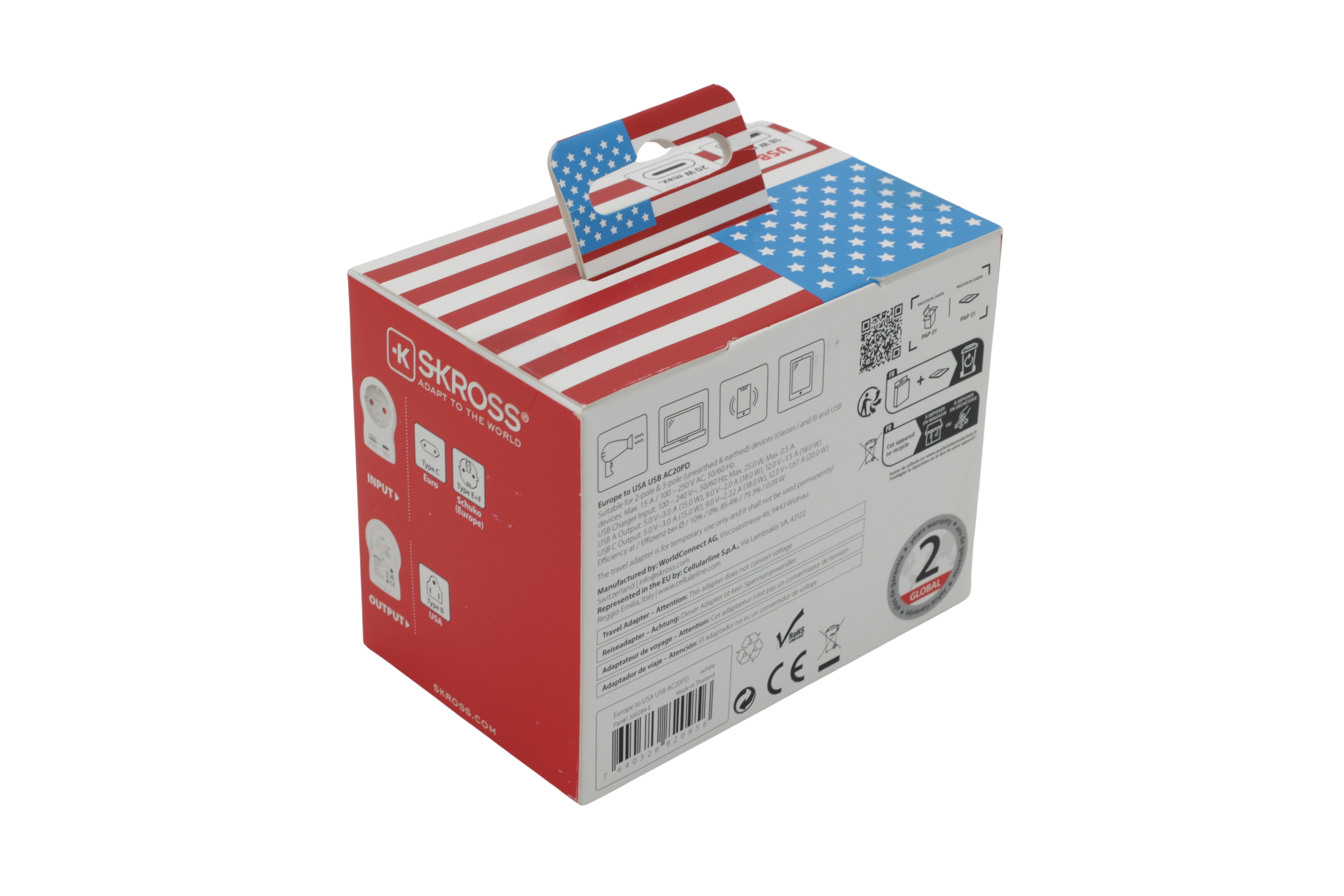 SKROSS AC20PD Landadapter Europa til USA med USB / Reiseadapter fra EU til USA