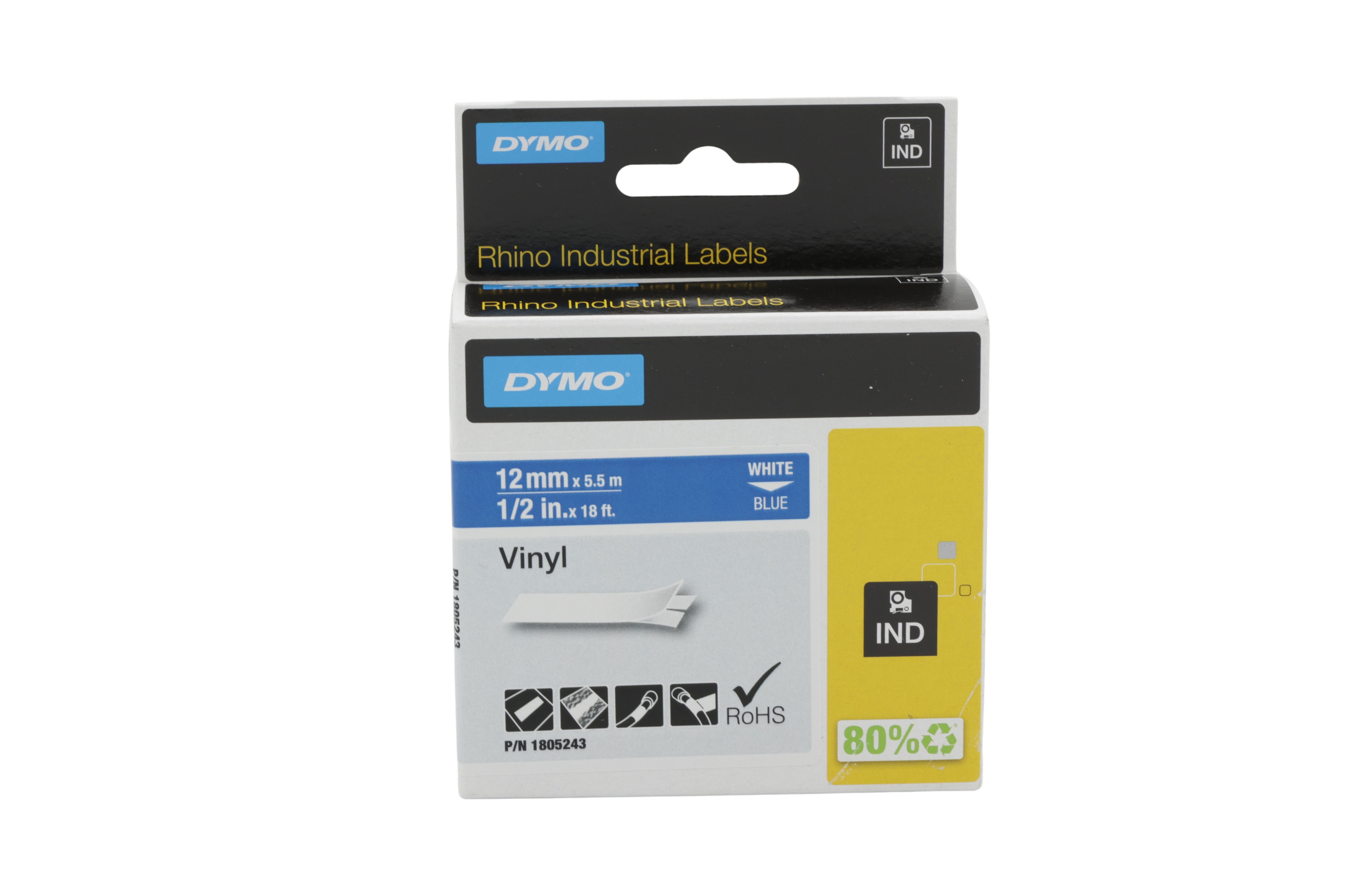 Dymo Rhino industrielle vinyletiketter, 12 mm x 5,5 m, hvit på blå