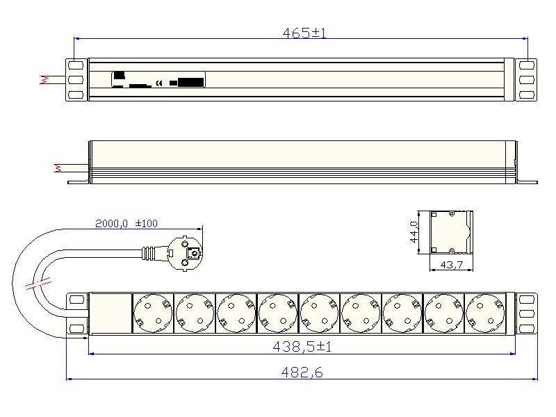 "Bachmann 19"" stikkontaktlist ALU 1U, 9-veis 35, svart, 2,0 m, uten bryter"