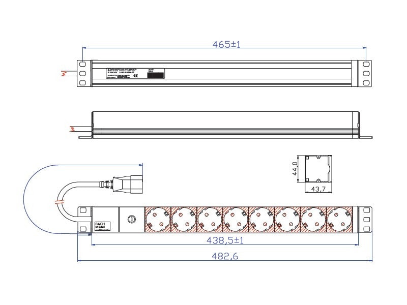 "Bachmann 19"" stikkontaktlist ALU, 8-veis, for UPS, 2,0 m, uten bryter"