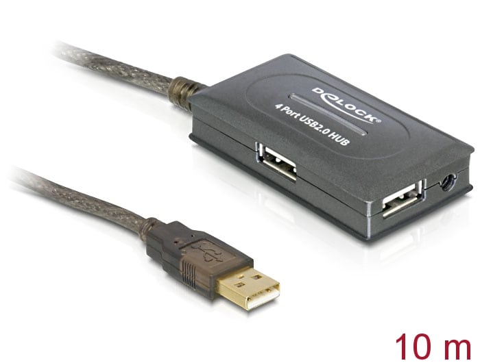 Delock USB 2.0-forlengelseskabel 10 m aktiv med hub med 4 porter
