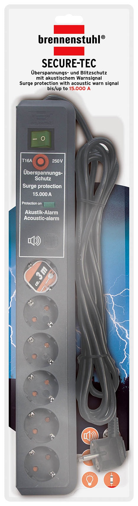 Brennenstuhl ÜSS Secure-Tec Acoustic, 6-veis, antrasitt, 3m