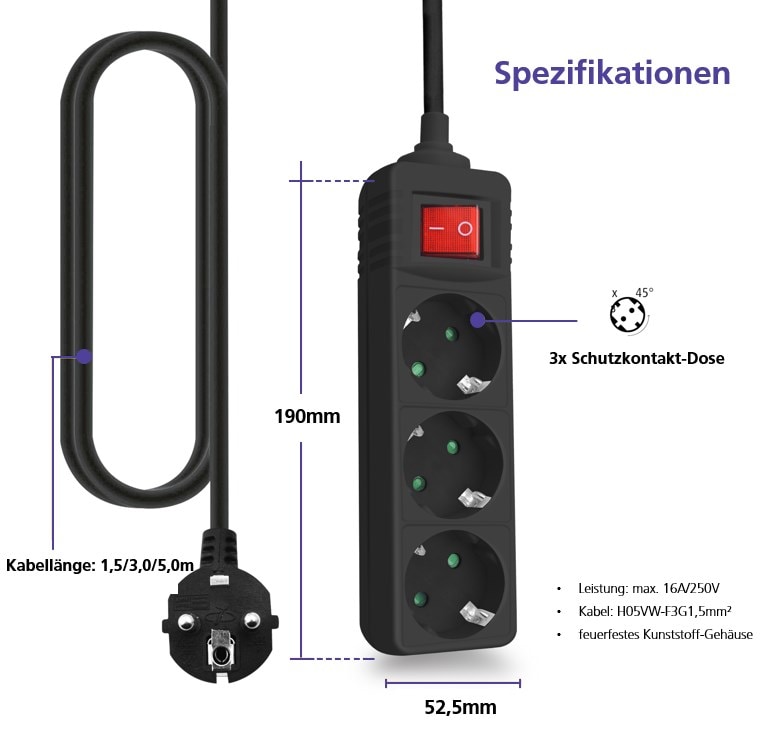 helos stikkontaktlist CLASSIC, 3-veis, svart, 3,0 m, med bryter