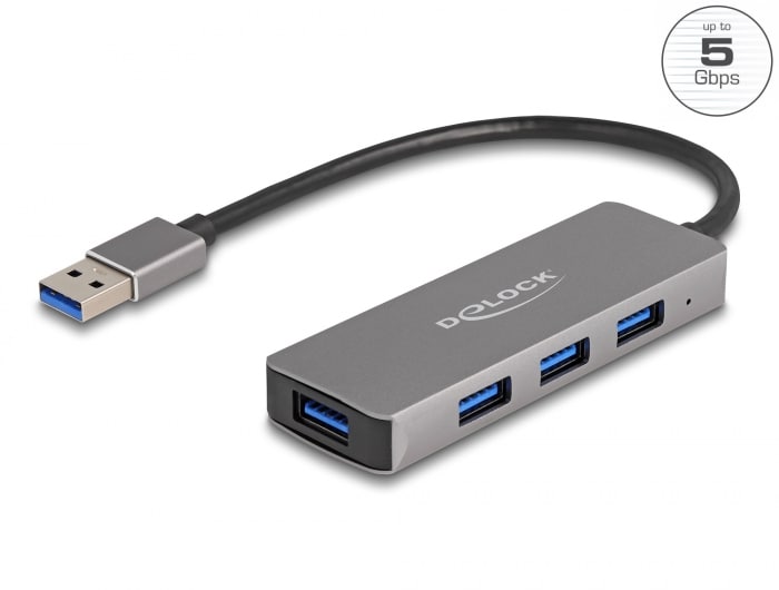 Delock 4-port USB 3.2 Gen 1-hub med USB type A-kontakt 4x type A-kontakter på siden