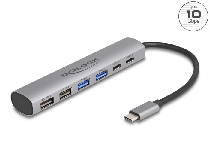 Delock 6-port USB-hub med 4 x USB Type-A-kontakt og 2 x USB Type-C-kontakt