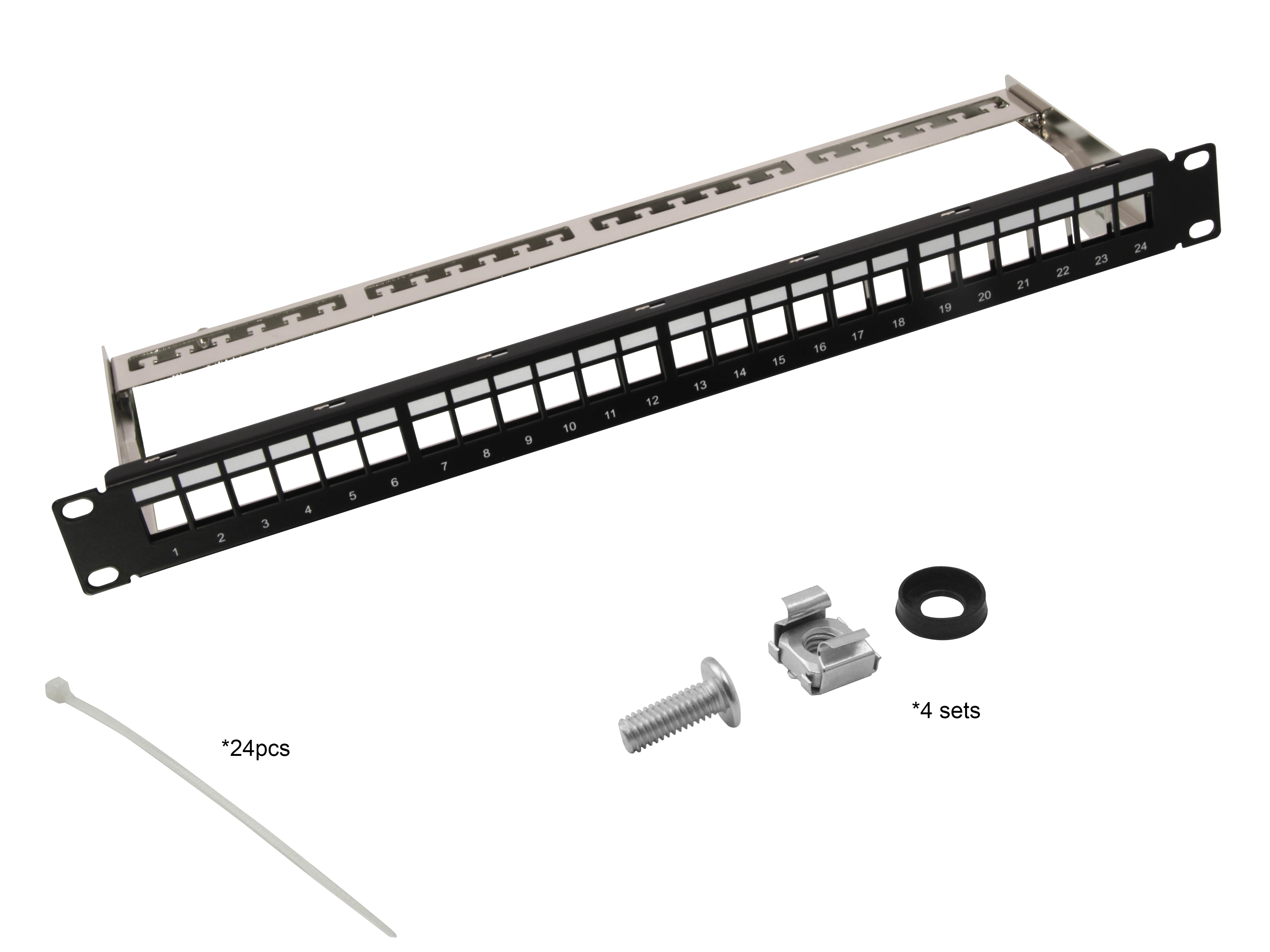 helos Keystone - 19 modulært rack 1 U 24 port, strekkavlastningsskinne, svart