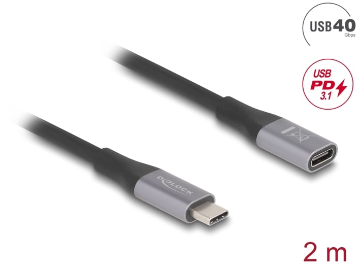 Delock USB 40 Gbps forlengelseskabel USB Type-C hann til hunn P 2 m grå