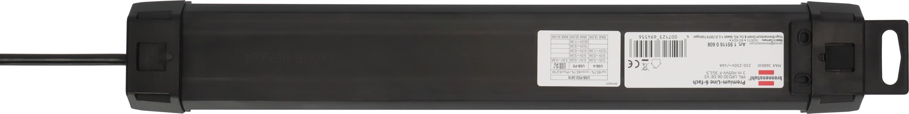 Brennenstuhl Premium-Line 6-veis stikkontaktlist med USB C, USB A, svart, 3m