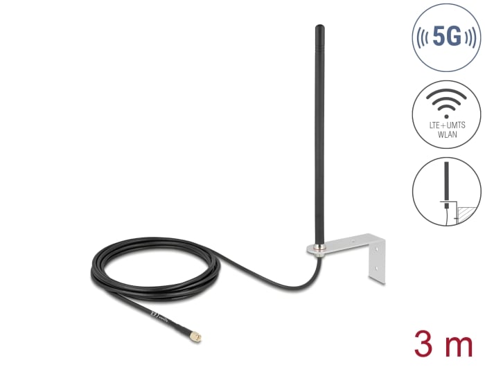 Delock 5G LTE-antenne SMA-kontakt 3 - 5 dBi rundstrålende stiv med kontaktkabel