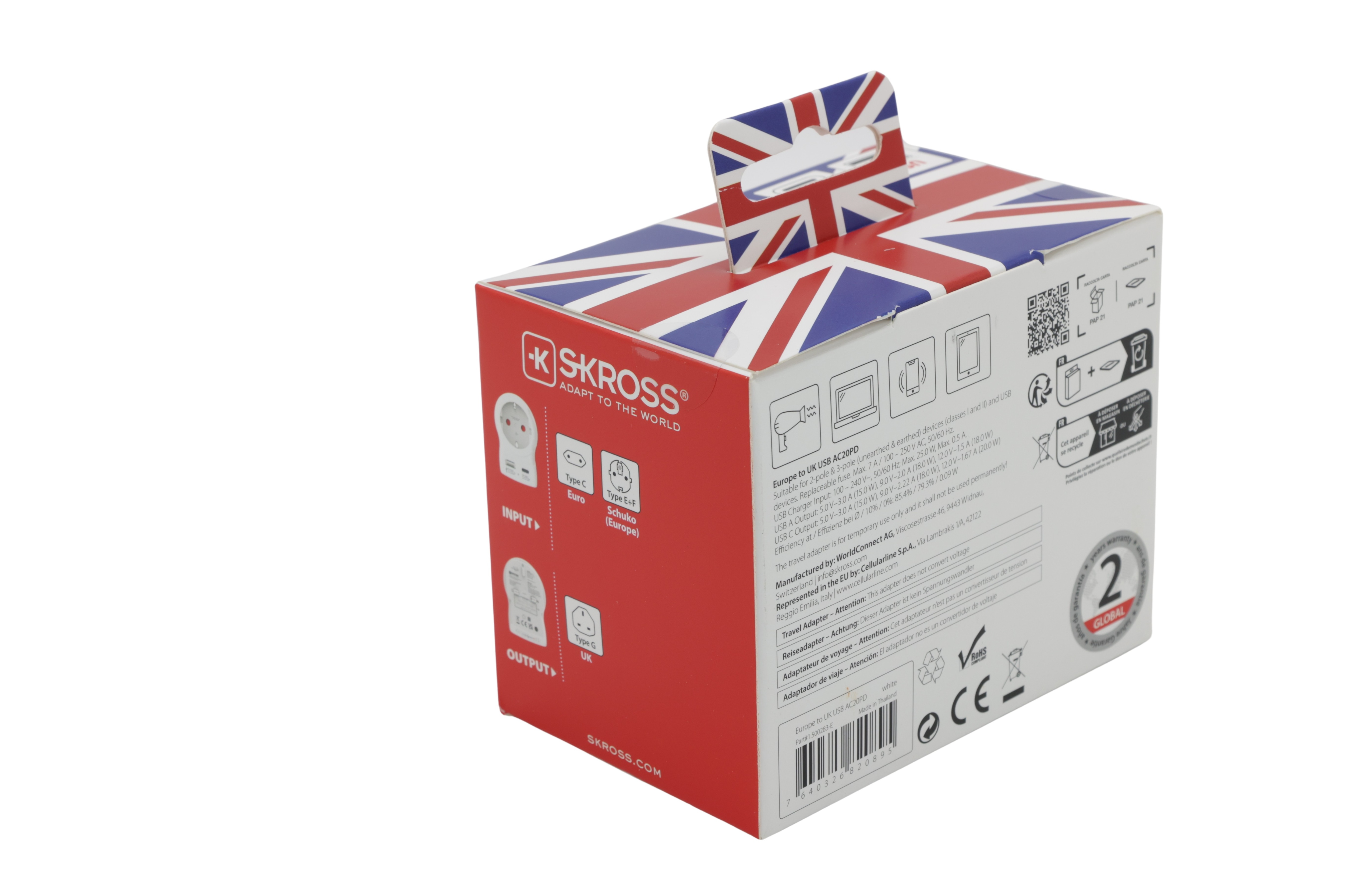 SKROSS landsspenningsadapter Europa til Storbritannia USB AC20PD hvit