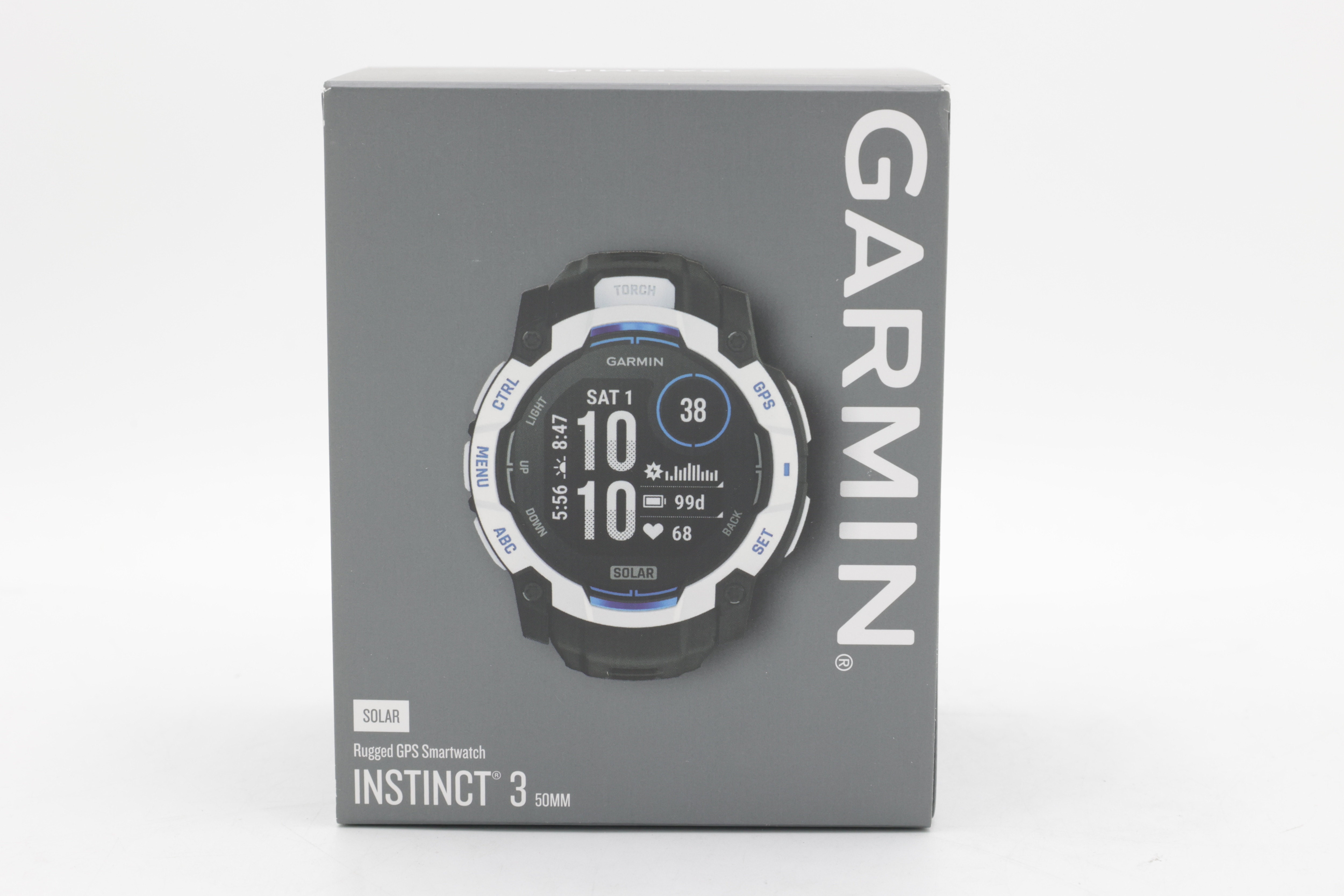 Garmin Instinct 3,50 mm, solcelledrevet, hvit stein med svart rem, WW