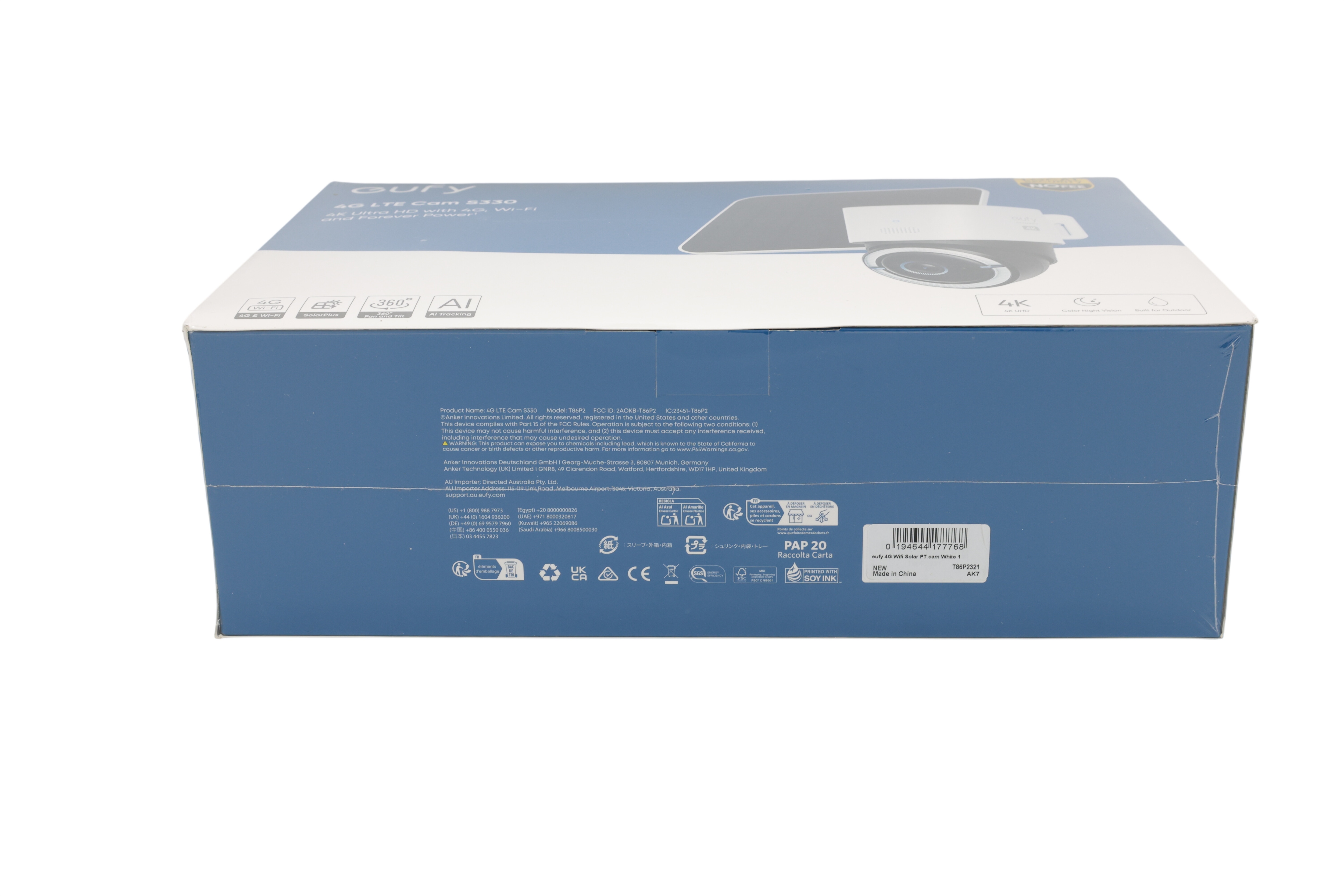 Anker Eufy 4G LTE S330 utendørskamera med solcellepanel T86p2321, hvit