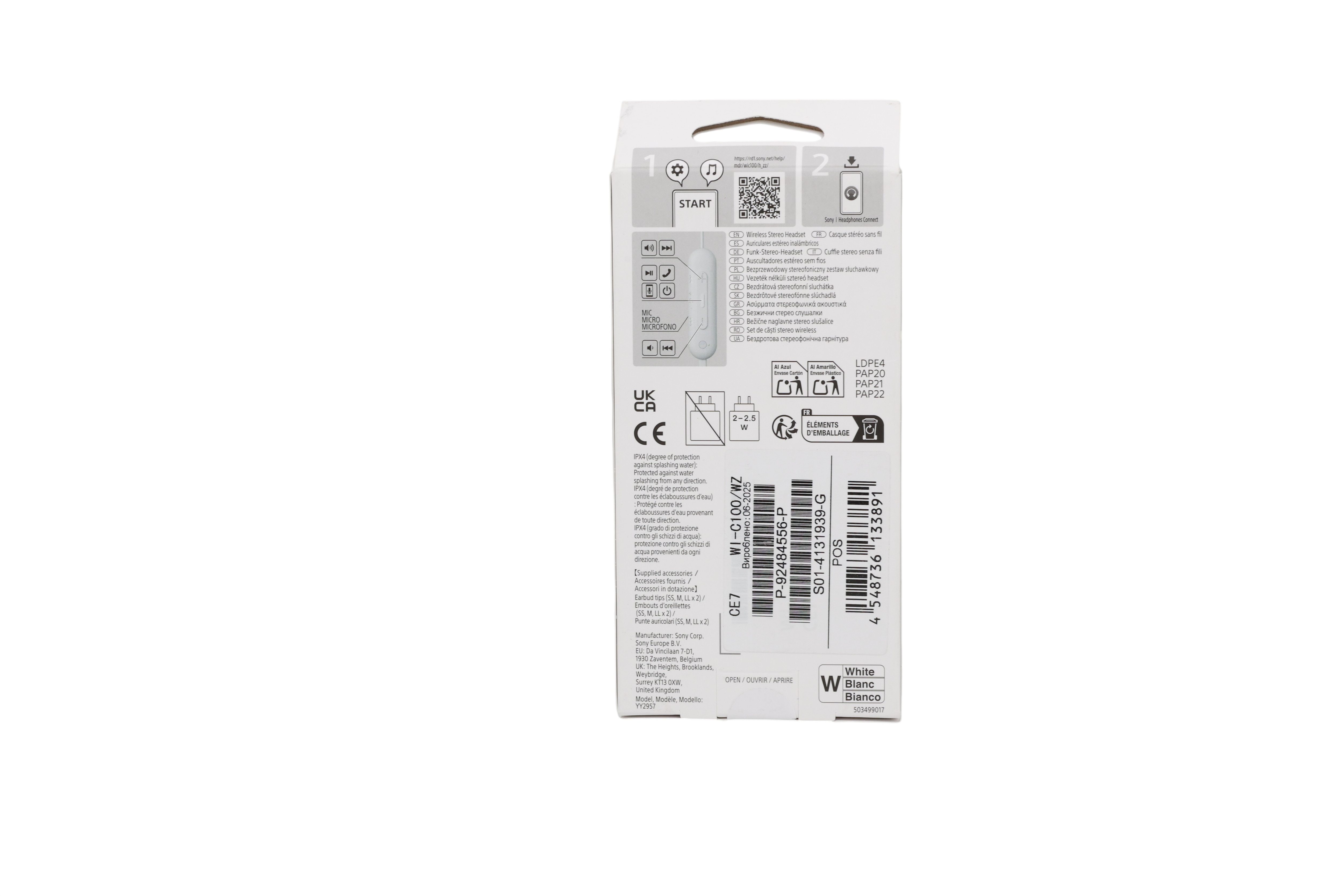 Sony WI-C100 trådløse in-ear-hodetelefoner, hvite