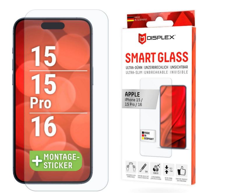 DISPLEX beskyttelsesglass til Apple iPhone 15/15 Pro/16, klart