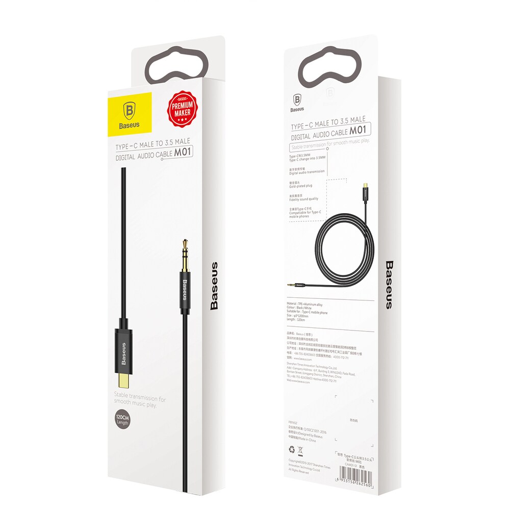 Baseus 3.5mm AUX Stereo Cable - USB Type C for Tablet & Phone, 120cm, Black (CAM01-01)
