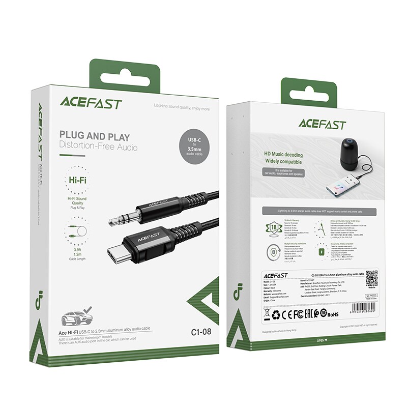 Acefast lydkabel USB Type C - 3,5 mm minijack (hann) 1,2 m, AUX svart (C1-08 svart)