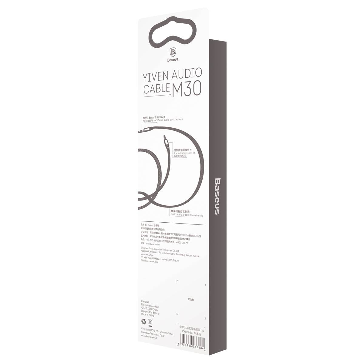Baseus Yiven M30 stereo AUX 3,5 mm lydkabel med minijack hann 1 m sølv-svart (CAM30-BS1)