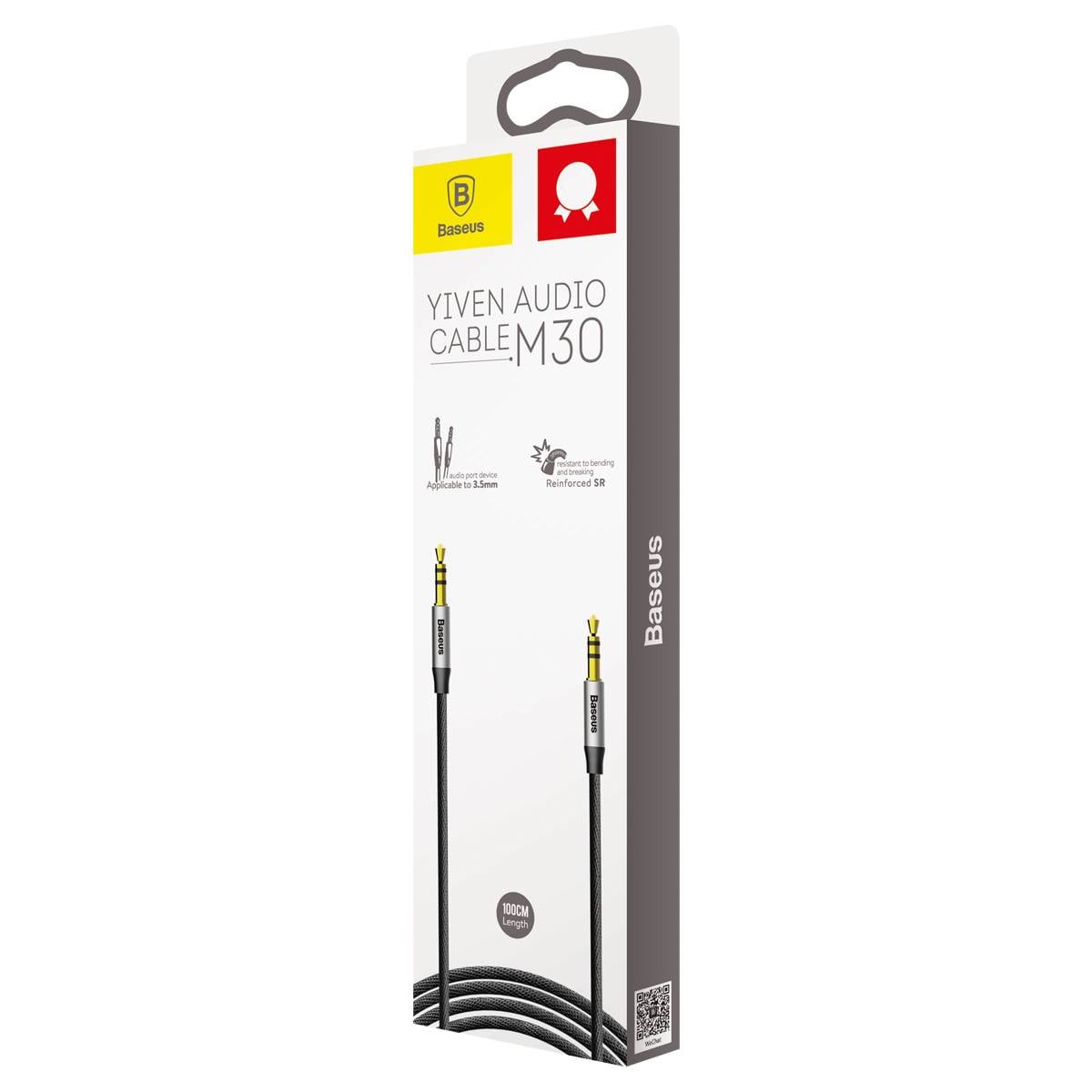 Baseus Yiven M30 stereo AUX 3,5 mm lydkabel med minijack hann 1 m sølv-svart (CAM30-BS1)