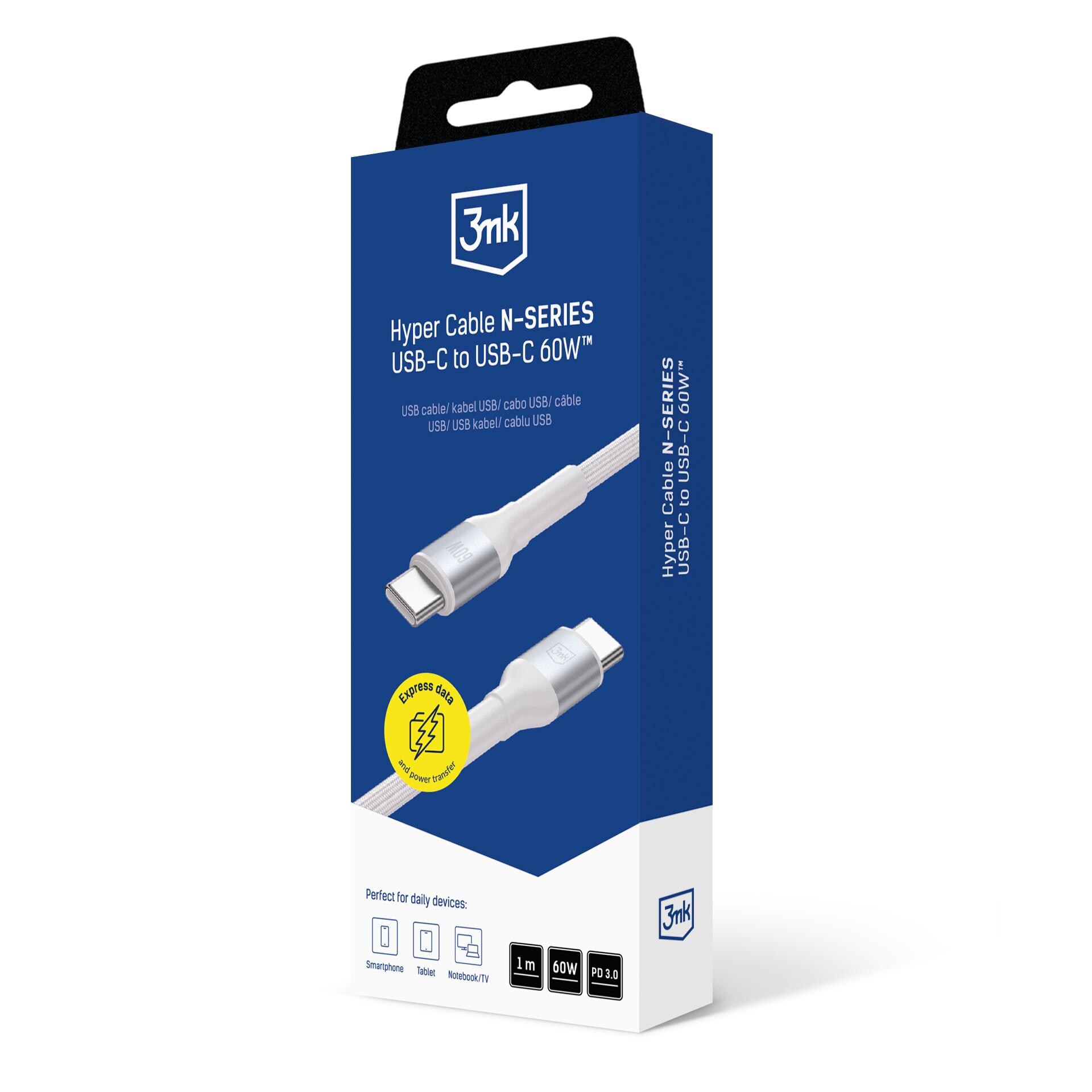 3mk Hyper Cable 3mk Hyper Cable N-SERIES USB-C / USB-C 1m 20V/3A 60W / hvit