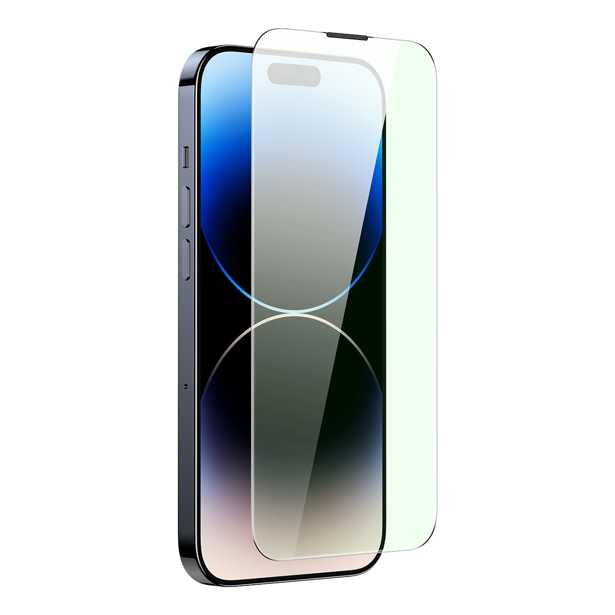 Herdet glass for 14 Pro Max med antiblått lysfilter og 0,3 mm høyttalerdeksel + ramme