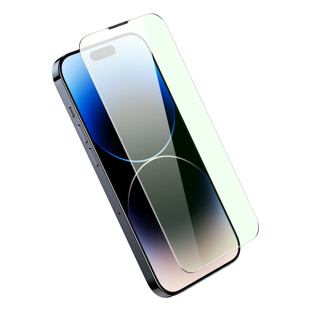 Herdet glass for 14 Pro Max med antiblått lysfilter og 0,3 mm høyttalerdeksel + ramme