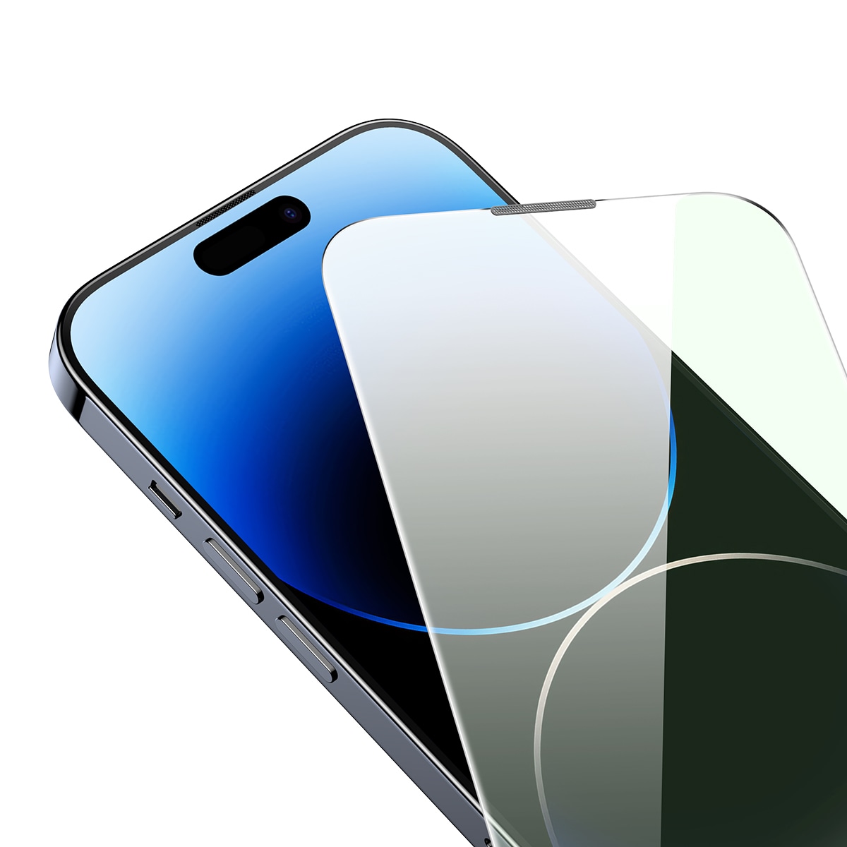 Herdet glass for 14 Pro Max med antiblått lysfilter og 0,3 mm høyttalerdeksel + ramme