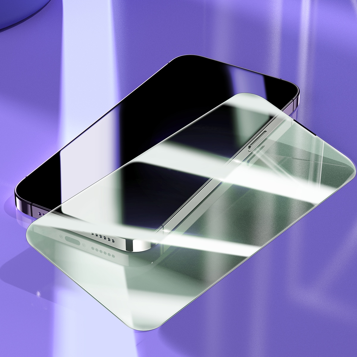 Herdet glass for 14 Pro Max med antiblått lysfilter og 0,3 mm høyttalerdeksel + ramme