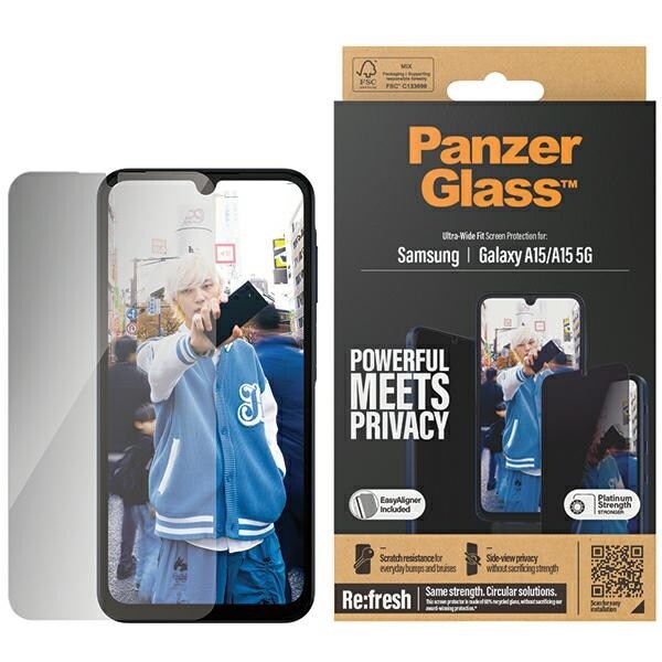 PanzerGlass Ultra-wide Fit Privacy herdet glass med posisjonering for Samsung Galaxy A15 / A15 5G