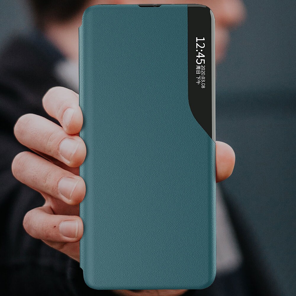 Eco Leather View Case elegant bokhylleveske med kickstand for Samsung Galaxy A22 4G oransje
