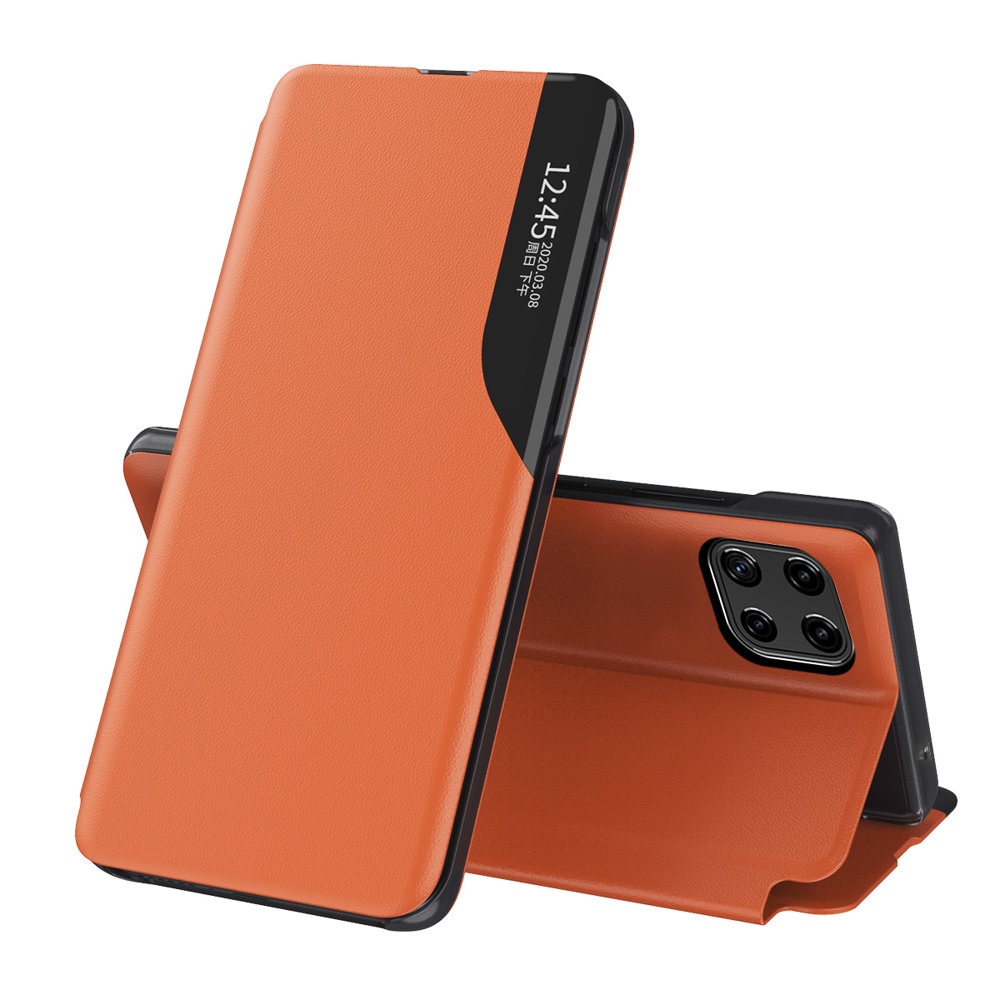 Eco Leather View Case elegant bokhylleveske med kickstand for Samsung Galaxy A22 4G oransje