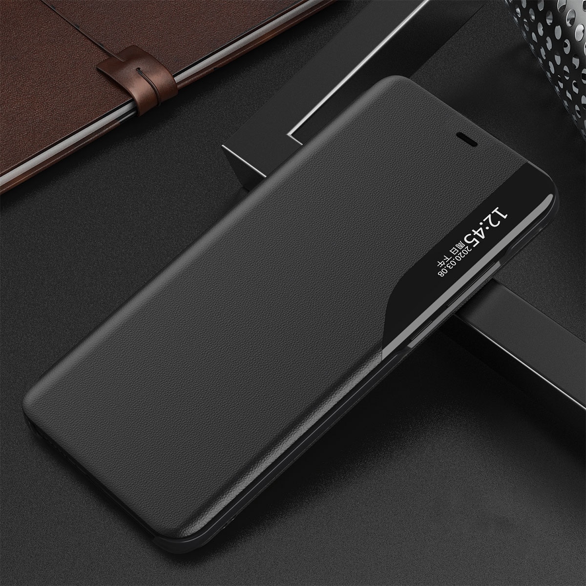 Eco Leather View Case elegant bokhylle-etui med kickstand for iPhone 13 Pro svart