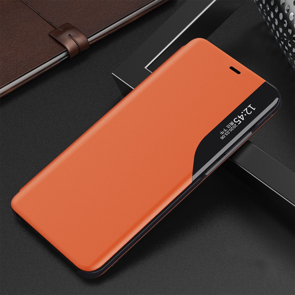 Eco Leather View Case elegant bokhylle-etui med kickstand for iPhone 13 mini oransje