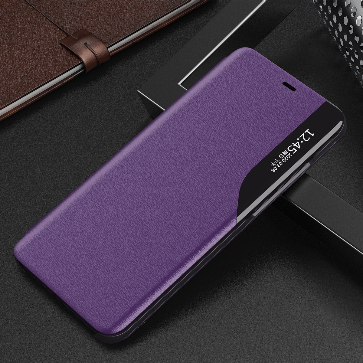 Eco Leather View Case elegant bokhylleveske med kickstand for iPhone 13 mini lilla