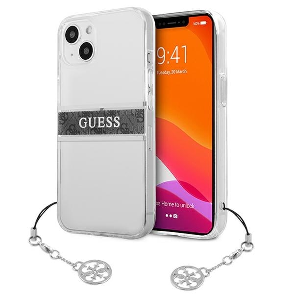 Guess GUHCP13SKB4GGR iPhone 13 mini 5,4" gjennomsiktig hardcase 4G Gray Strap Charm