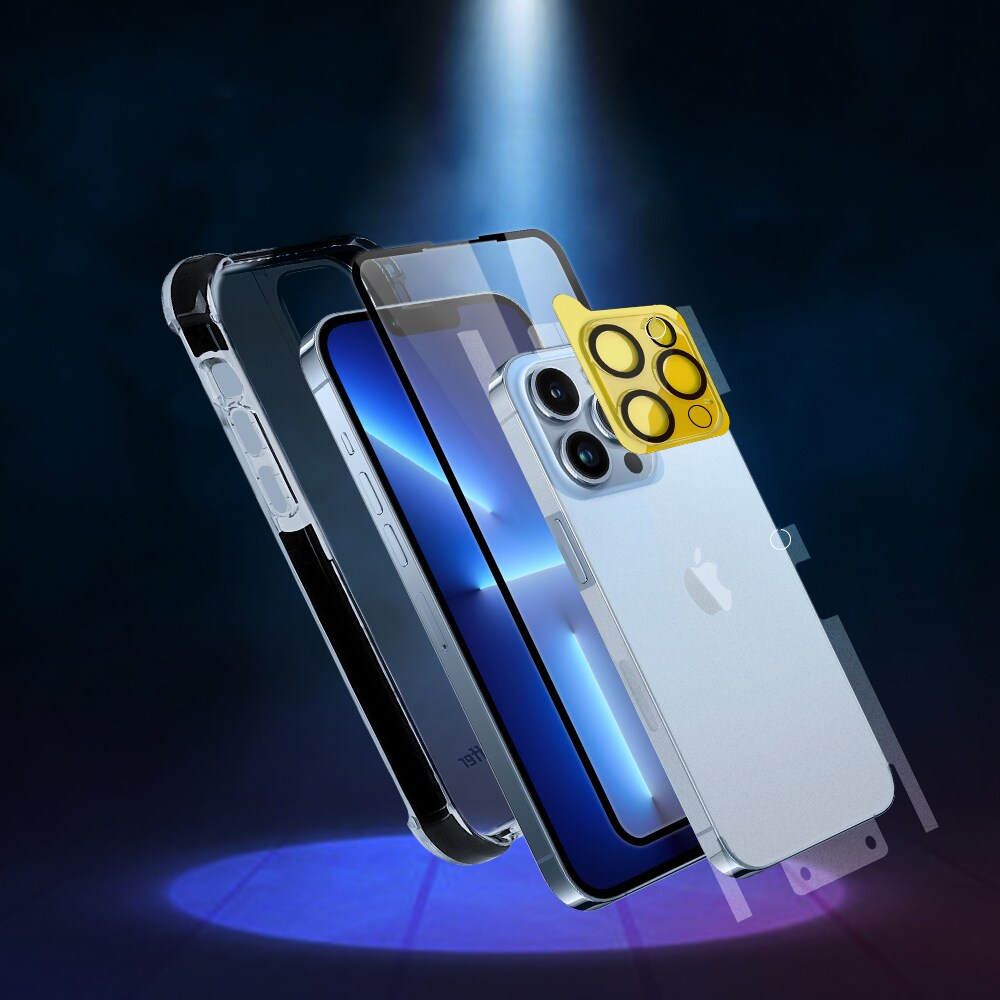 Bestsuit 6in1 sett for iPhone 13 mini: etui, herdet glass, film, kameraobjektiv, kluter, aplikator