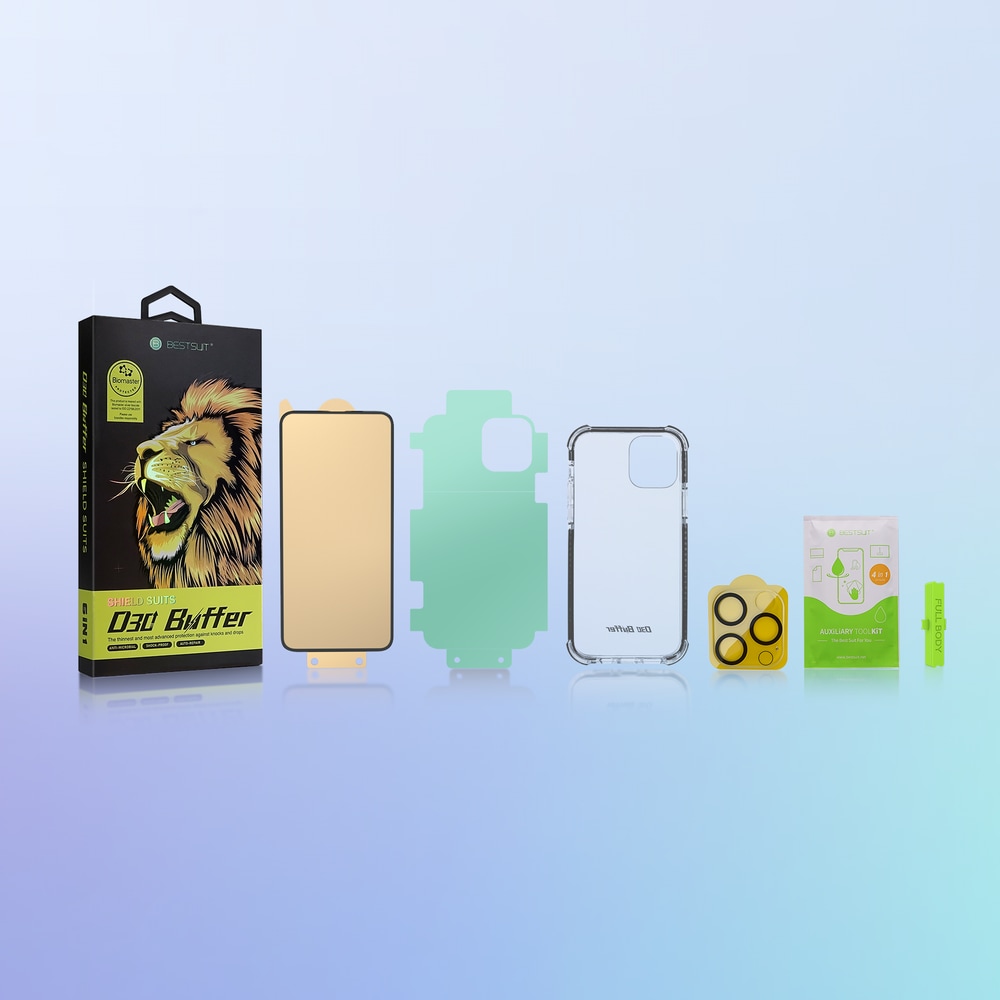 Bestsuit 6in1 sett for iPhone 13 mini: etui, herdet glass, film, kameraobjektiv, kluter, aplikator