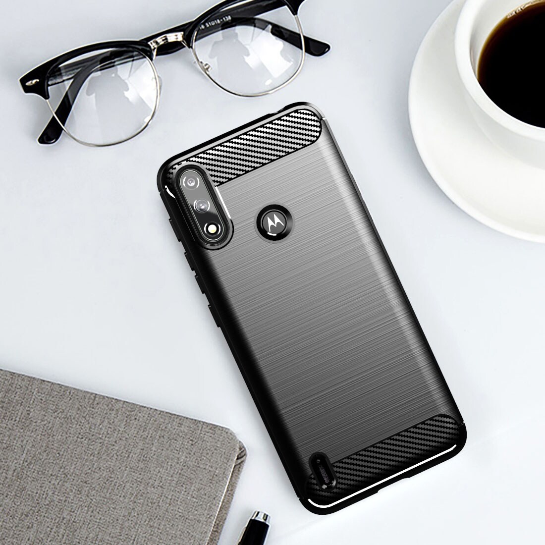 Carbon Case fleksibelt dekselhylse Motorola Moto E7i Power svart