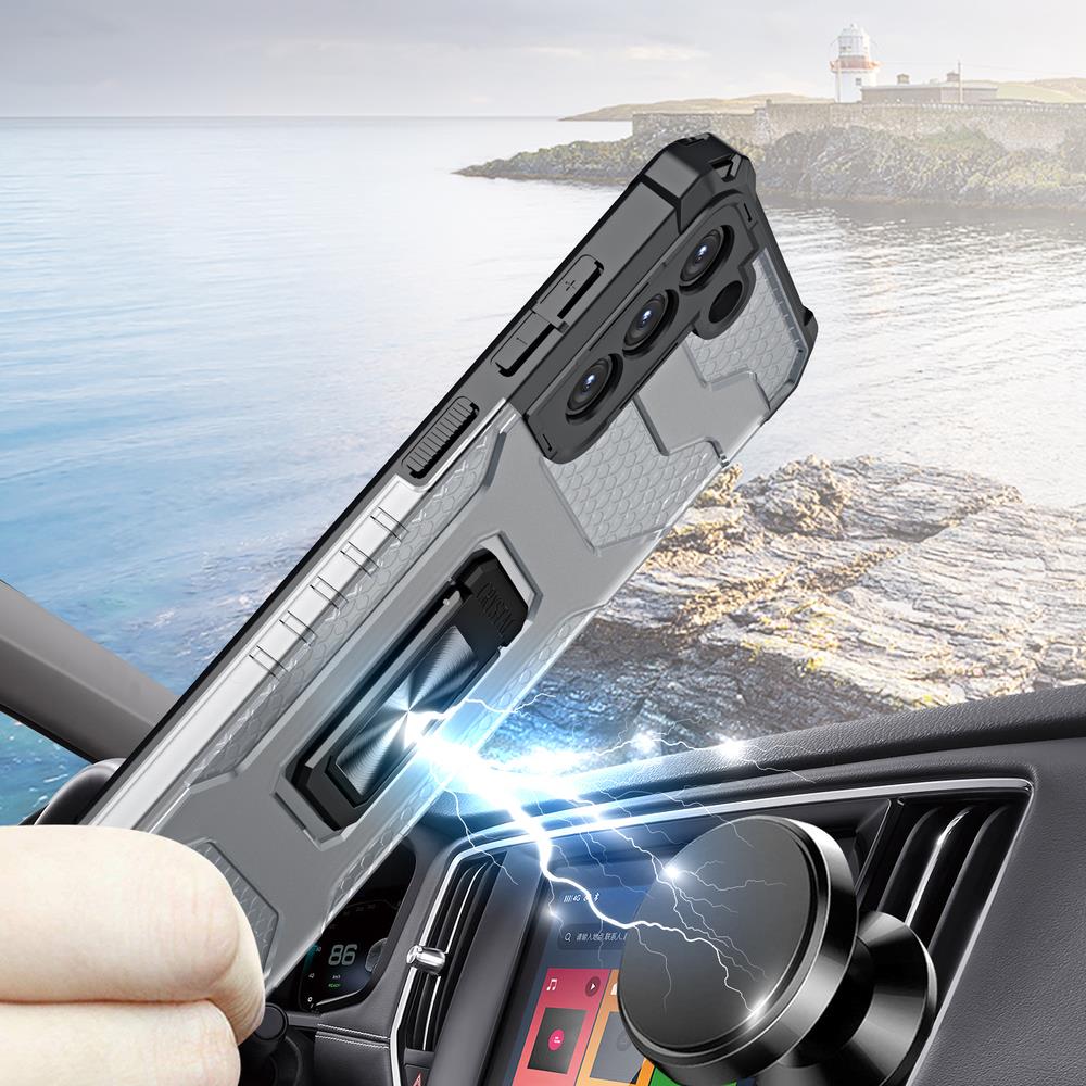 Crystal Ring Case tøft hybriddeksel + magnetisk holder for Samsung Galaxy S22 + (S22 Plus) svart