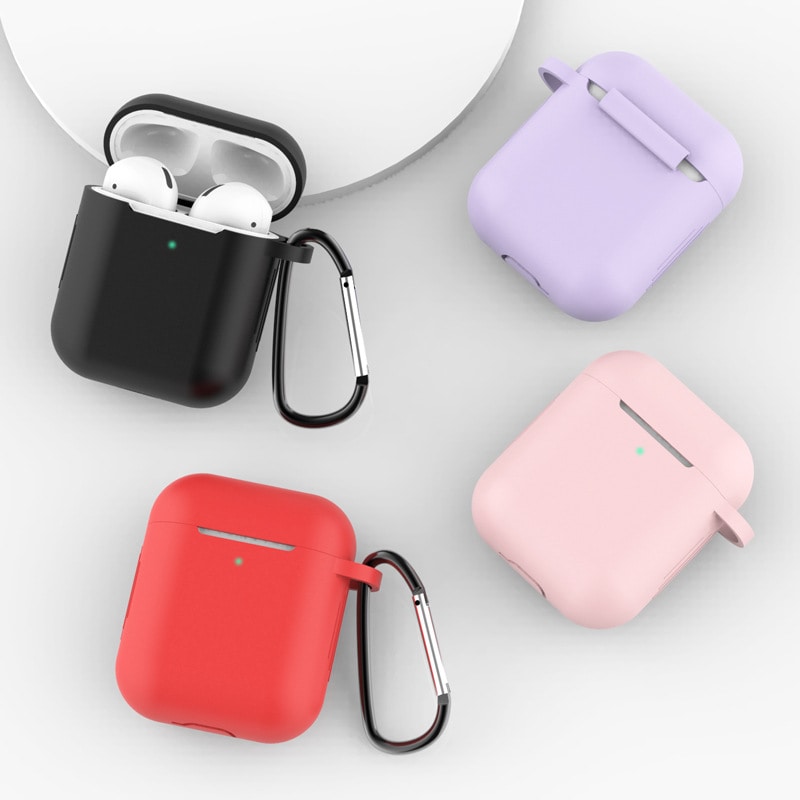 Silikonetui for AirPods 1/2 + nøkkelring med karabinkrok, rosa (etui D)