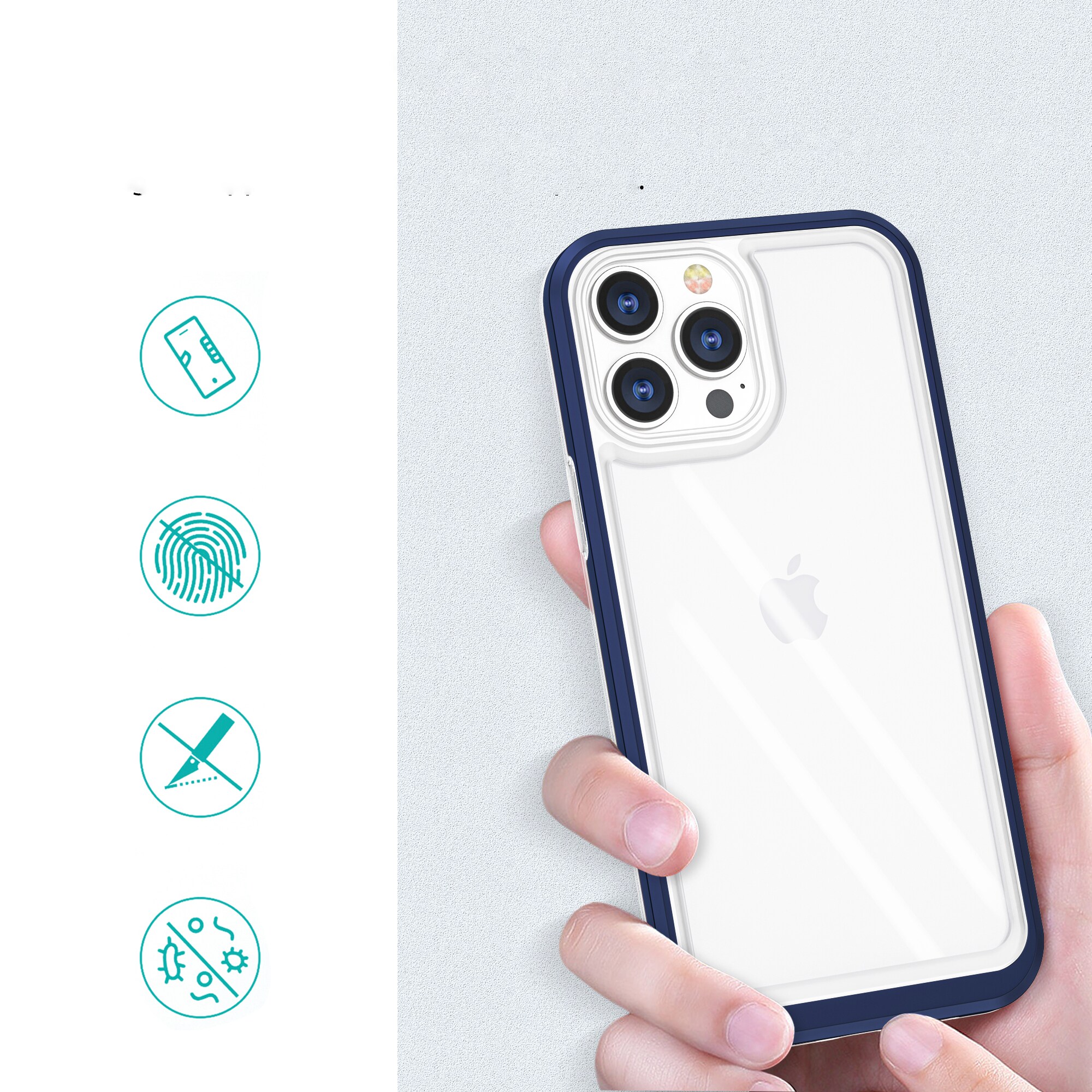 Gjennomsiktig 3-i-1-etui for iPhone 13 Pro blå ramme geldeksel