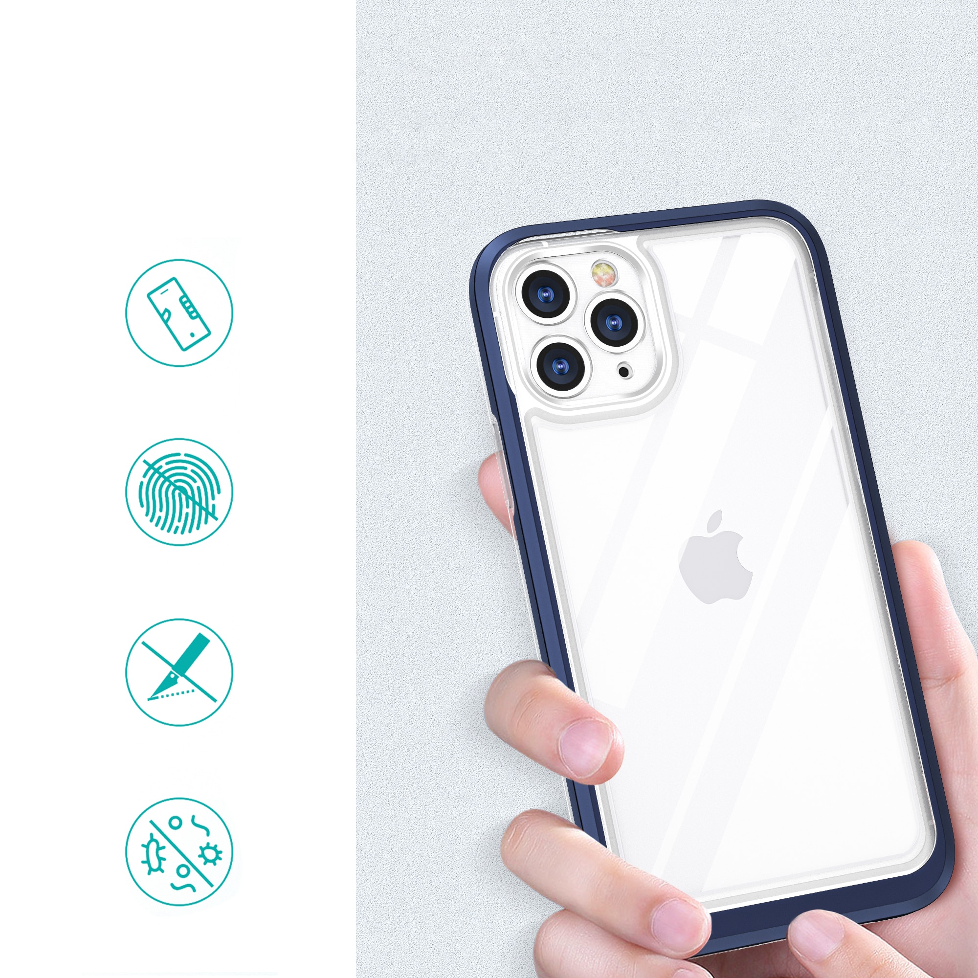 Gjennomsiktig 3-i-1-etui for iPhone 11 Pro Max blå ramme geldeksel