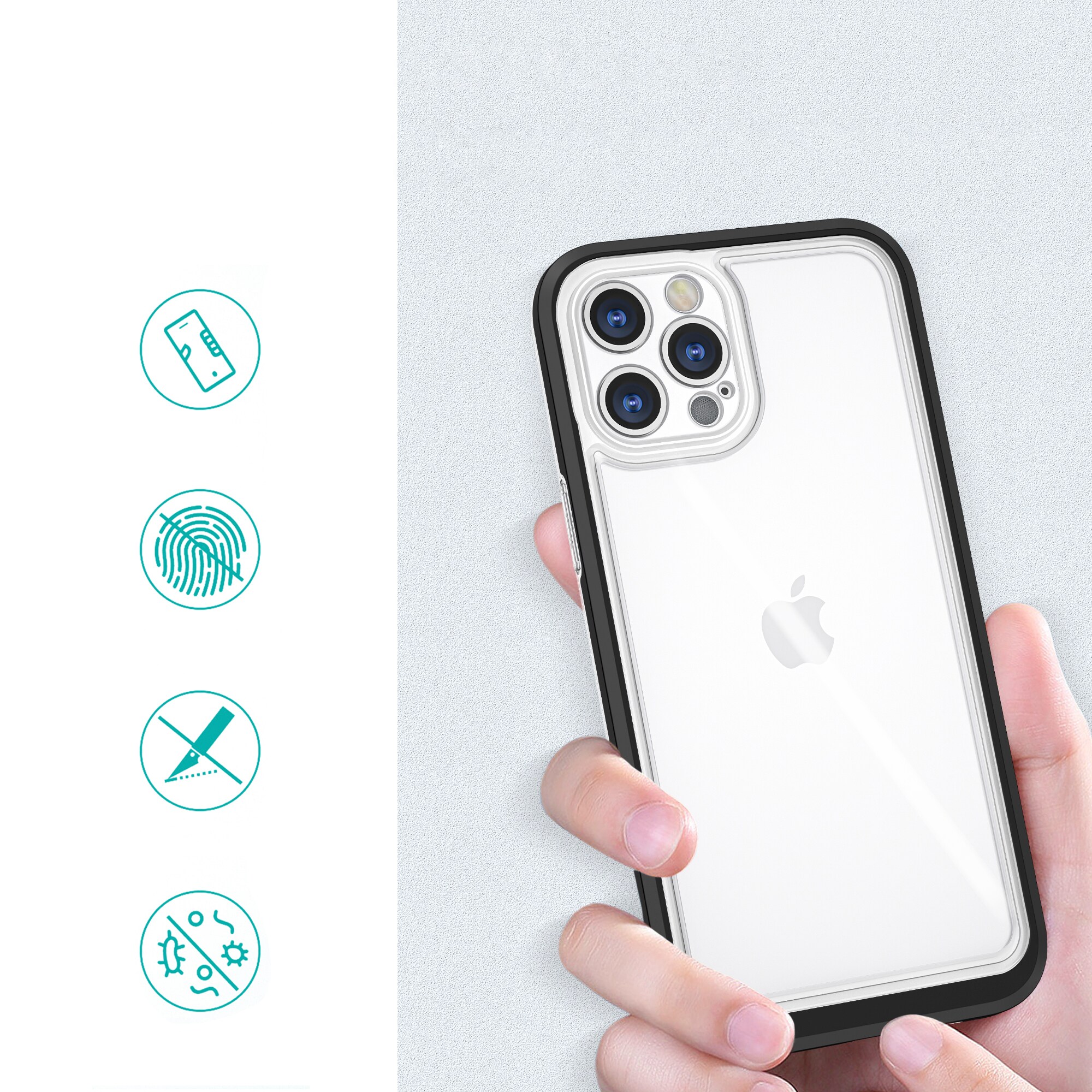 Gjennomsiktig 3-i-1-etui for iPhone 12 Pro ramme geldeksel svart