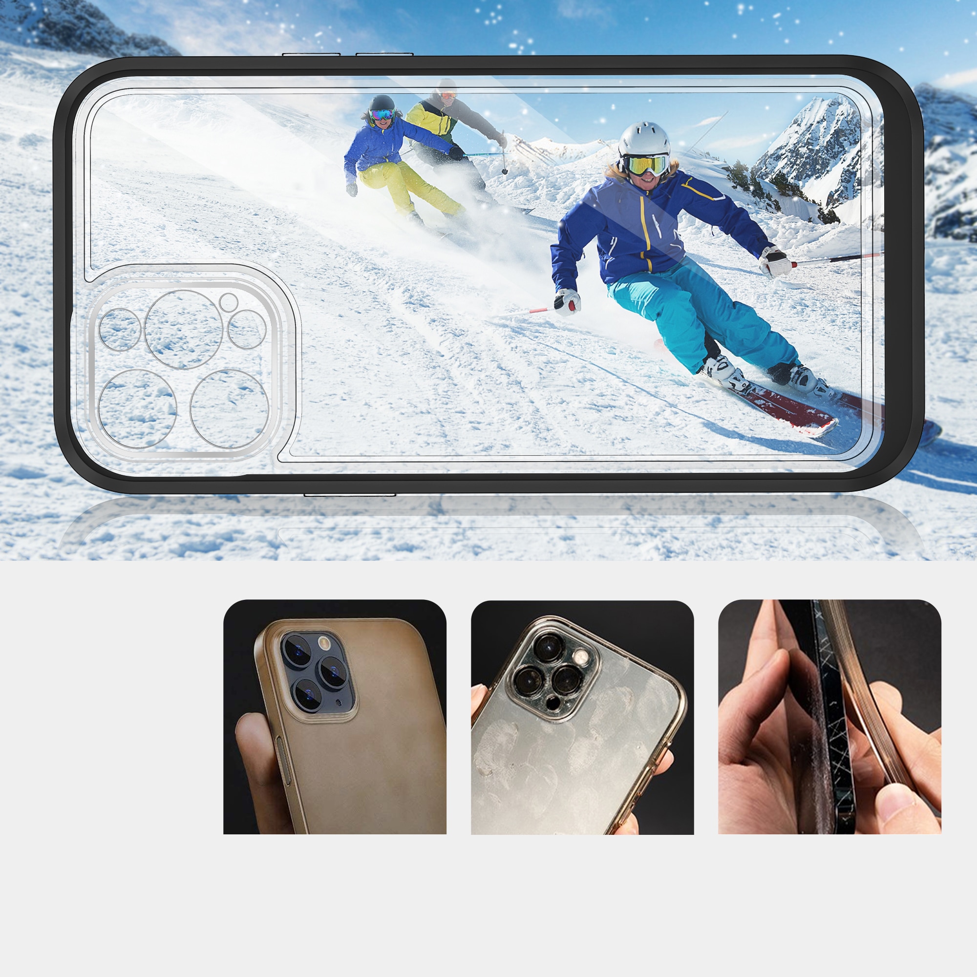 Gjennomsiktig 3-i-1-etui for iPhone 12 Pro ramme geldeksel svart