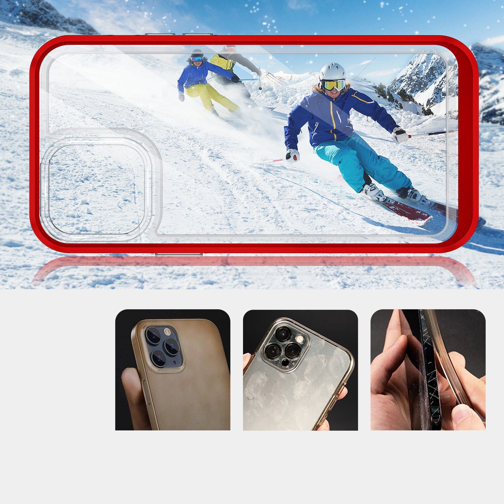 Gjennomsiktig 3-i-1-etui for iPhone 13 Pro rammedeksel gel rød
